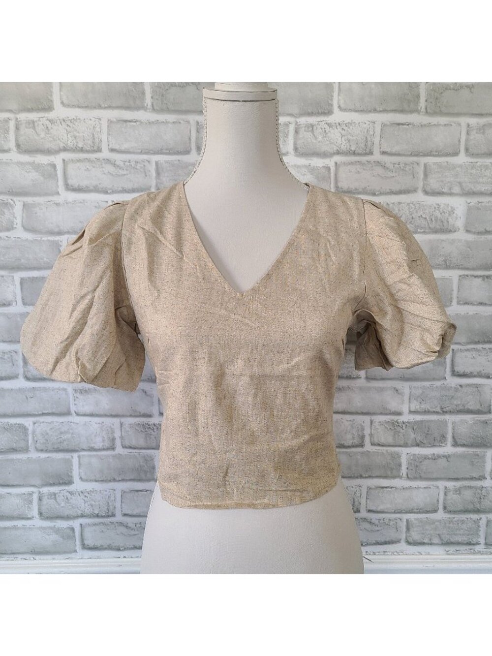 Promesa Linen Blend Lagenlook Puff Sleeve V Neck Blouse Coquette Smocked S NEW